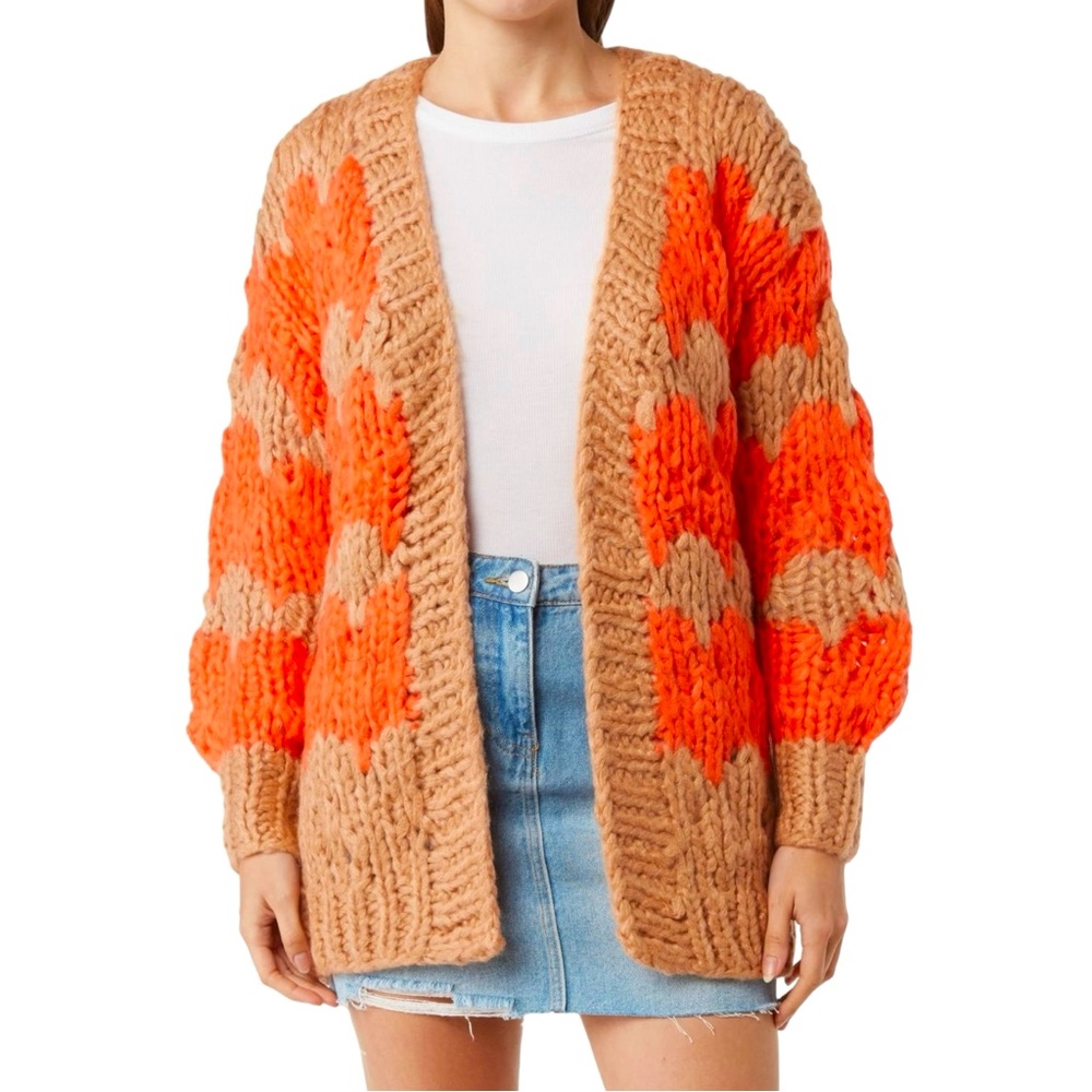 THE CASHMERE PROJECT Hand Knit Chevron Open Front Chunky Sweater Cardigan